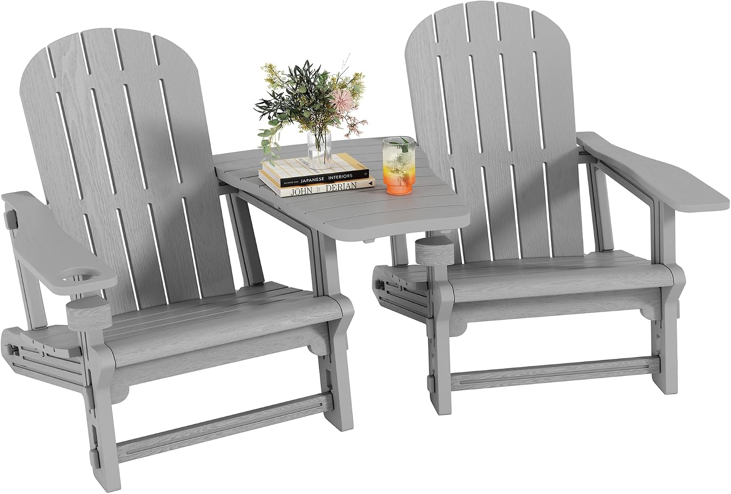 Shintenchi Adirondack Chairs Set of 2,HDPE Adirondack Chairs w/Removable Tablelop & Umbrella Hole,All-Weather Wooden Textured Plastic Outdoor Chairs w/Cup Holders for Garden Backyard Pool,Light Gray