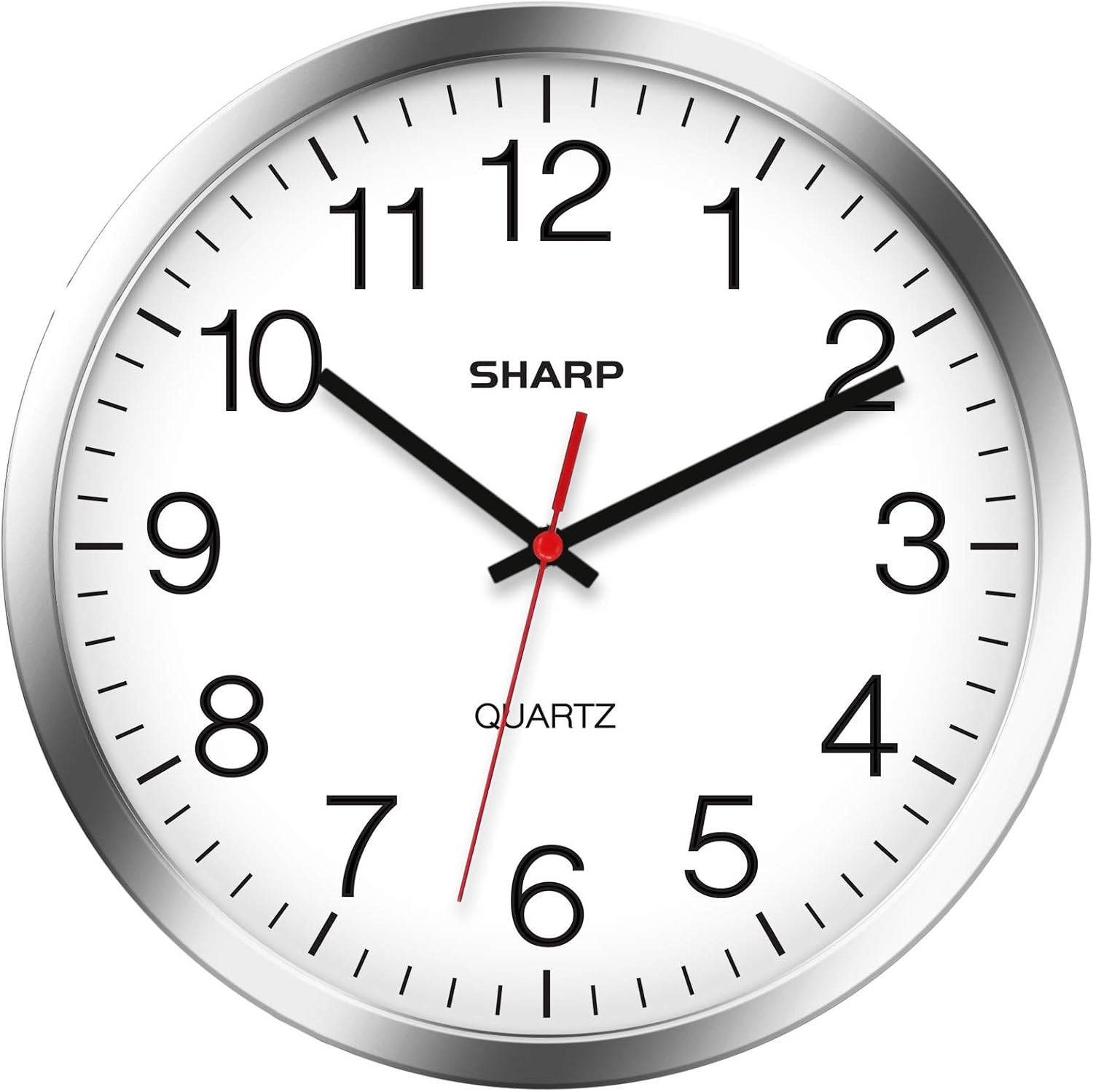 Sharp 10-Inch Battery Wall Clock, Silent Non-Ticking, Easy-Read, Silver