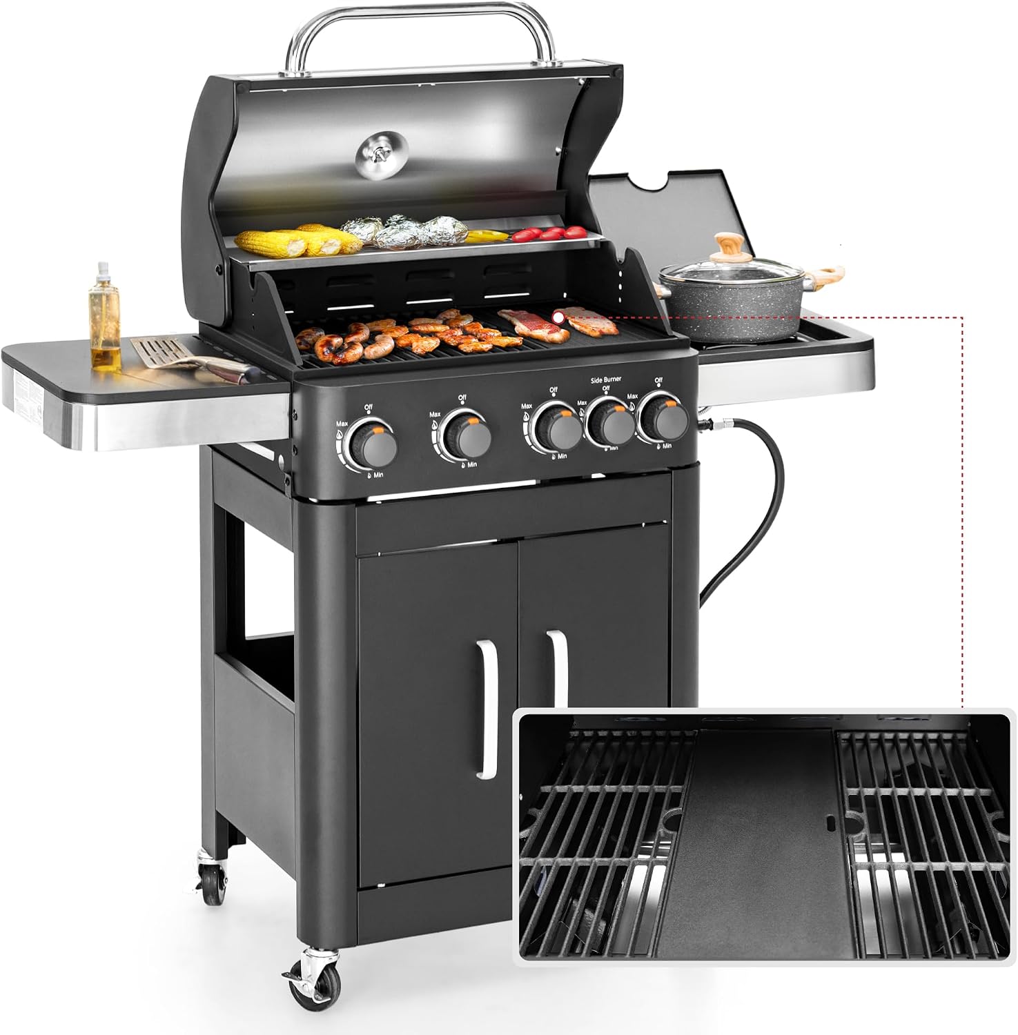 MFSTUDIO 4 Burner Gas BBQ Grill Griddle Combo w/Side Burner, Black