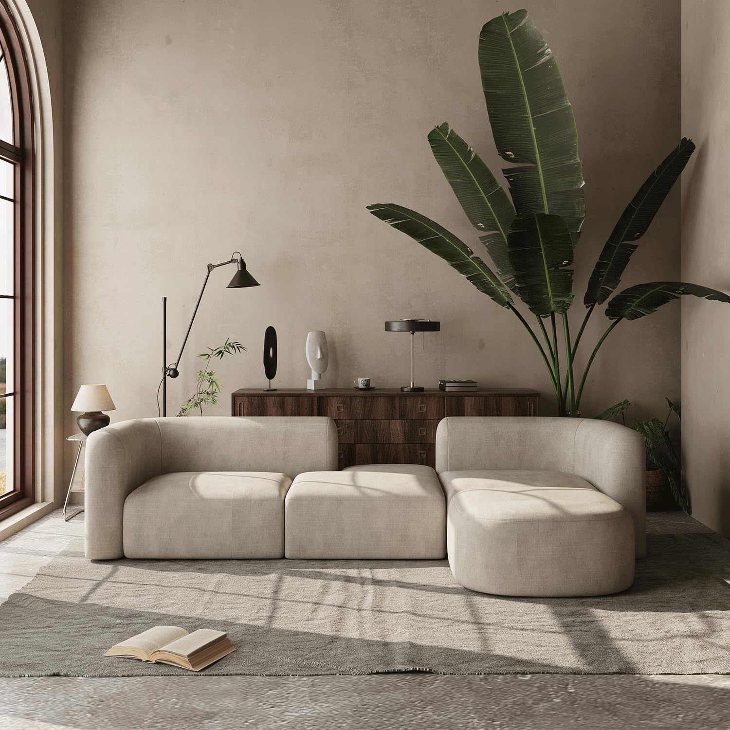 Acanva Mellow Modern Tight Curved Back Velvet Sofa, 4 Seater Modular
