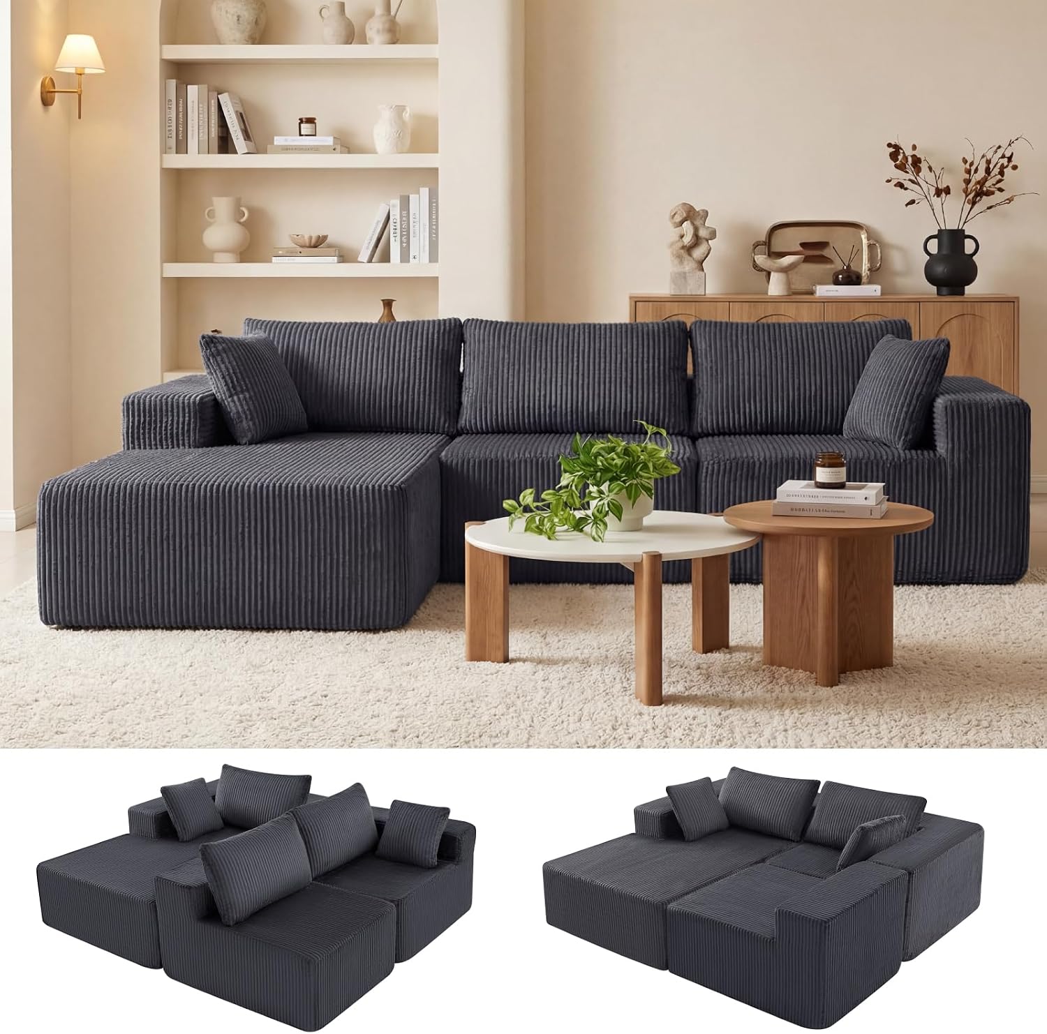 DUMOS 108″ L-Shaped Sectional Boneless Couch, Left Facing Chaise