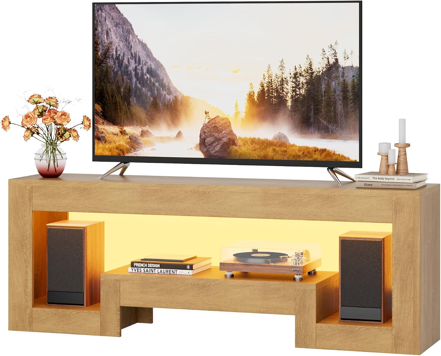 JUSTOGO Modern TV Stand for 65 Inch TV, 54 Inch Wood Entertainment Center