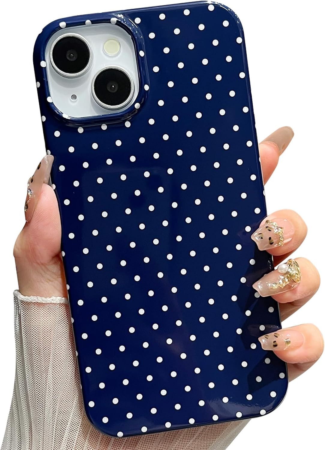 for iPhone 14 Case Polka Dot Phone Cases Aesthetic Design Trendy Simple Case Slim Shockproof Protective Cover Navy Blue