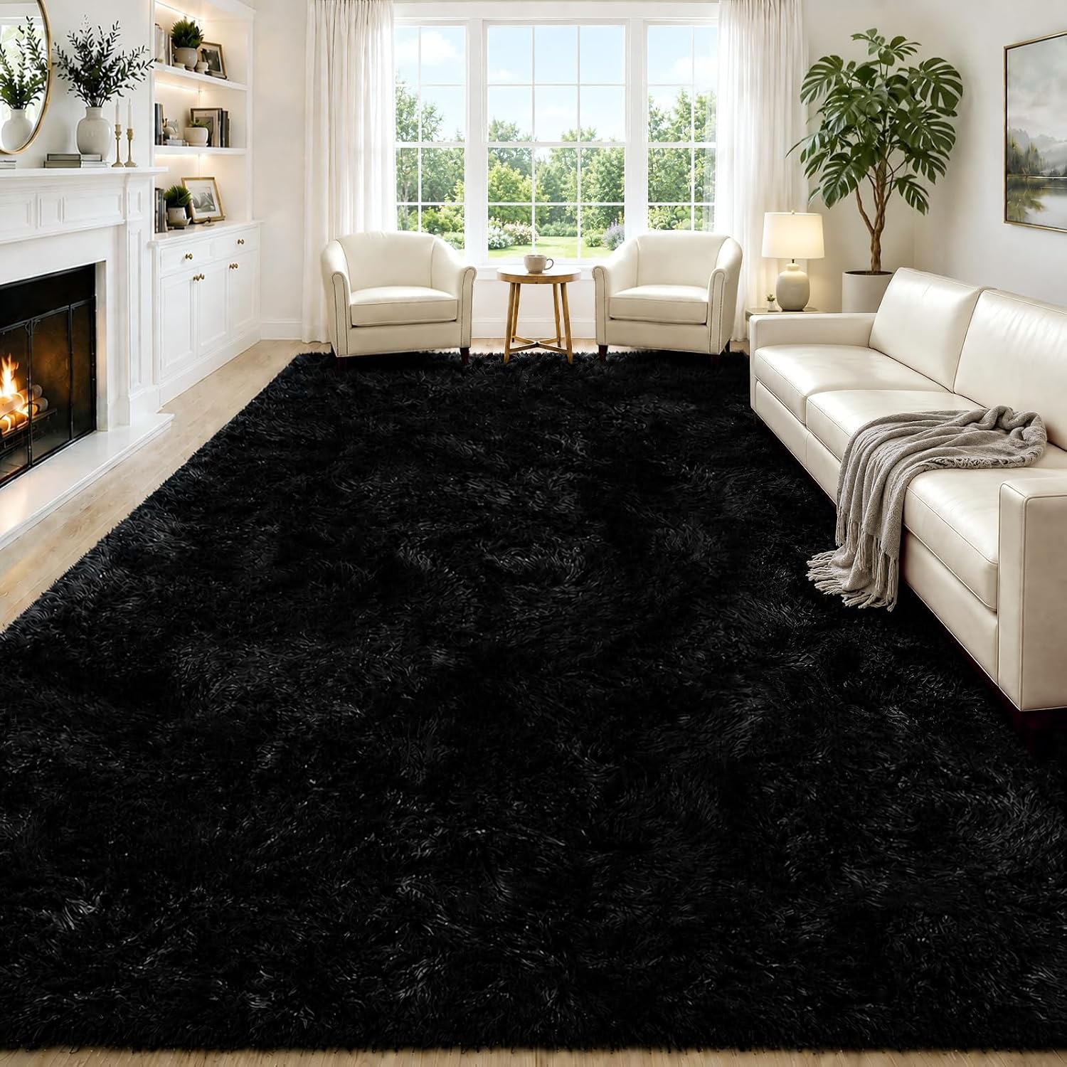 8×10 Fluffy Area Rugs for Living Room,Black Large Shag Area Rug for Bedroom