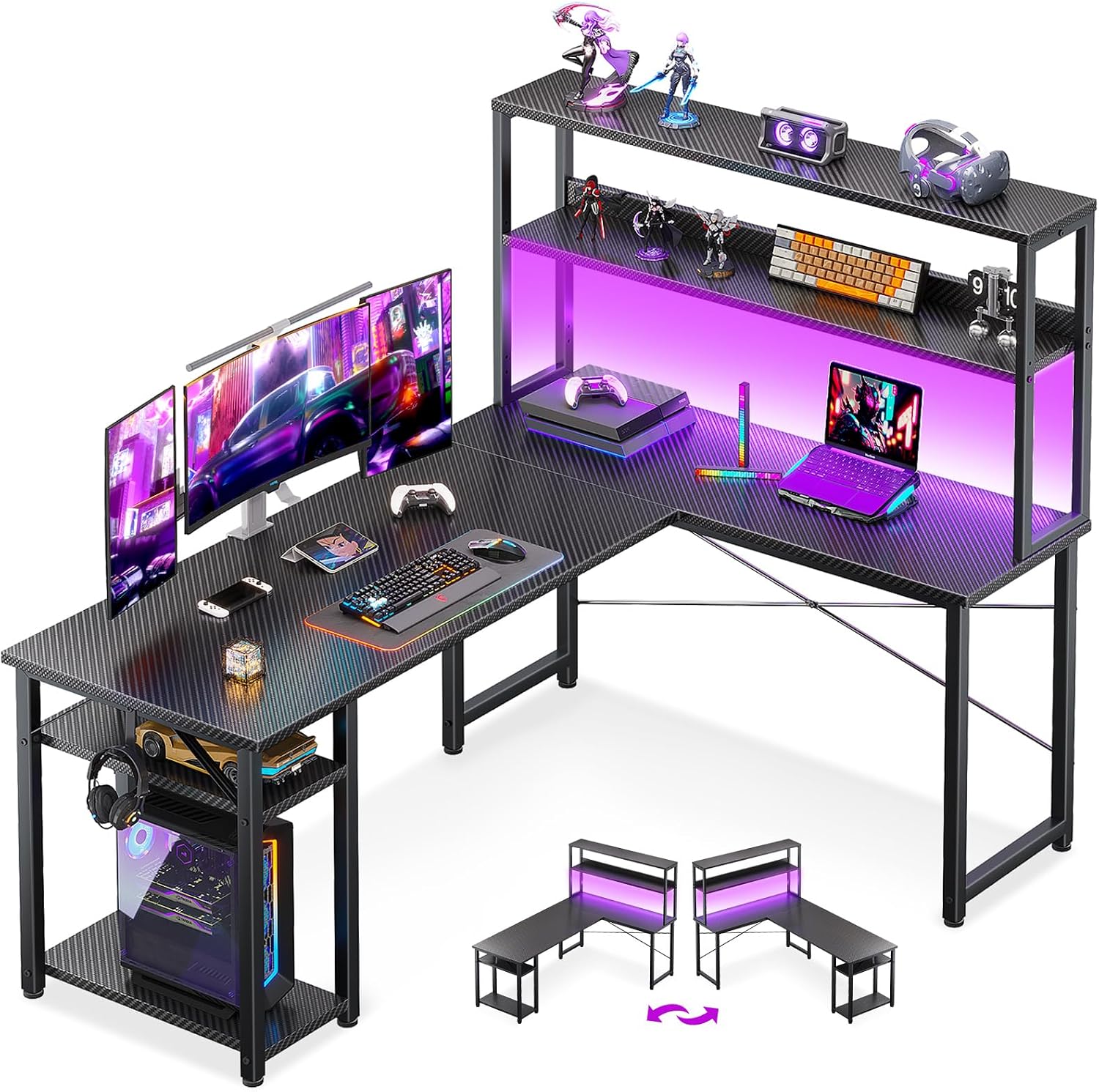 ODK 53 Inch L Shaped Gaming Desk with Hutch & Headphone Hook