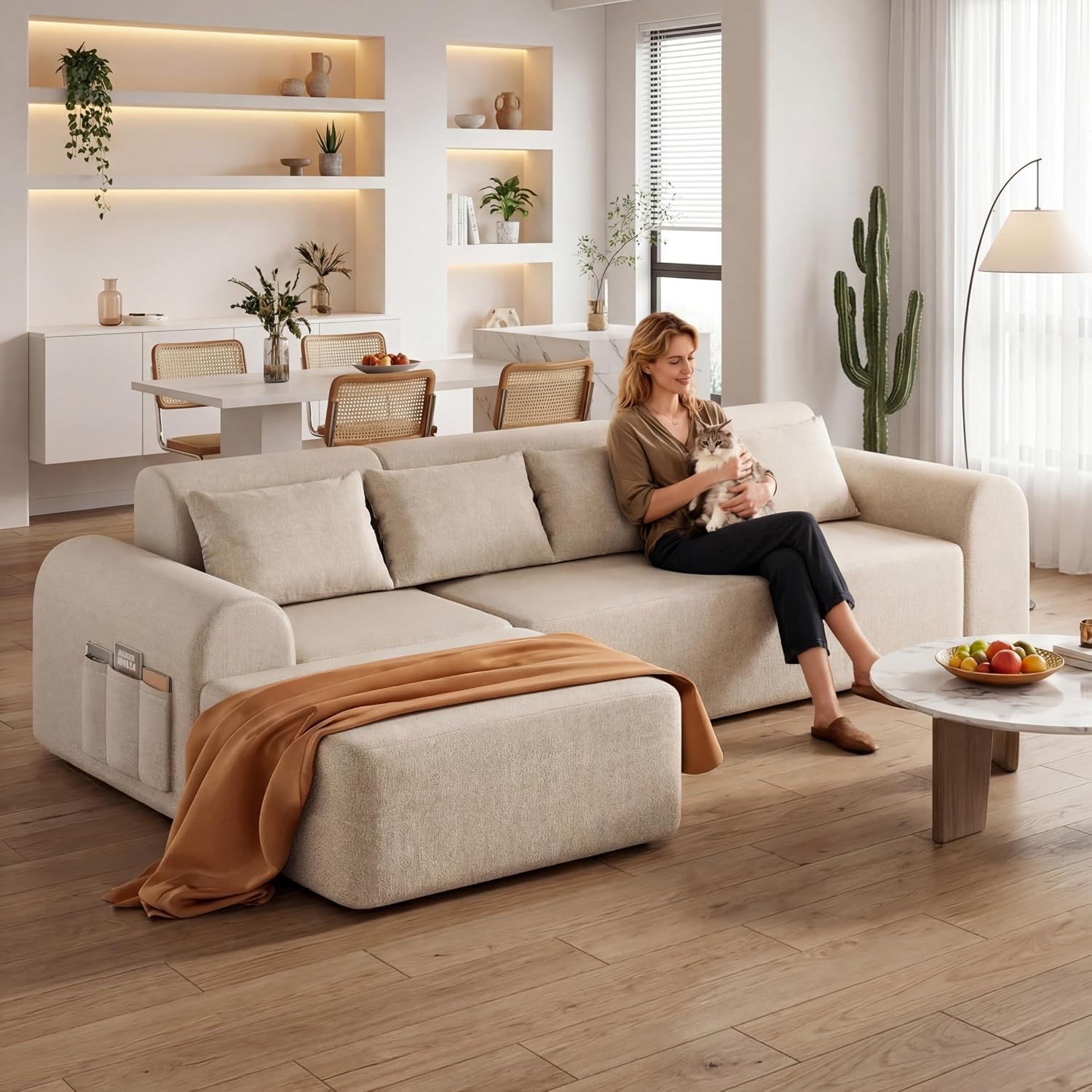 Rengue 105.5″ Cloud Boneless Sectional Sofa for Living Room, 4-Seater L-Shaped Comfy Couch with Ottoman, 4 Pillows, Deep Seat Chenille Sofa, No Assembly Required (Beige) 72h to Restore