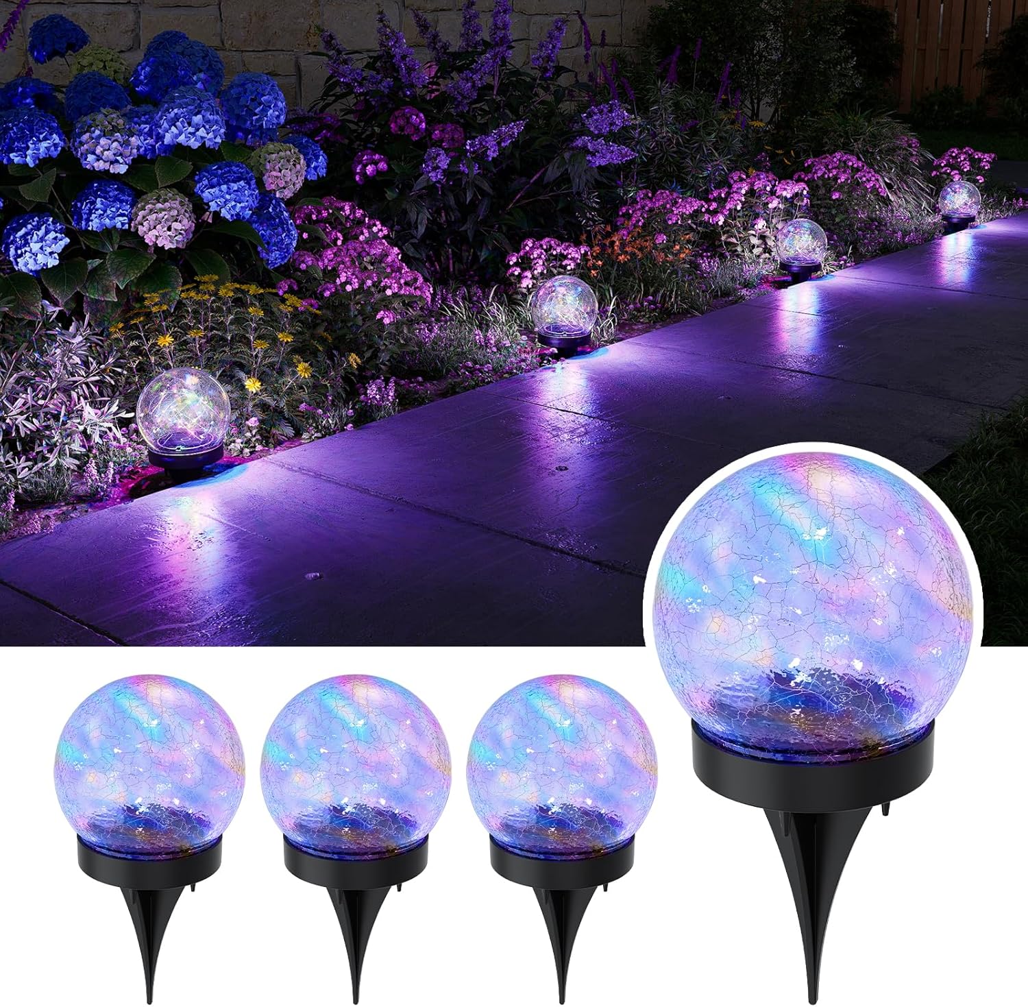 4 Pack 3.94″ Multicolor Solar Powered Cracked Glass Ball Lights