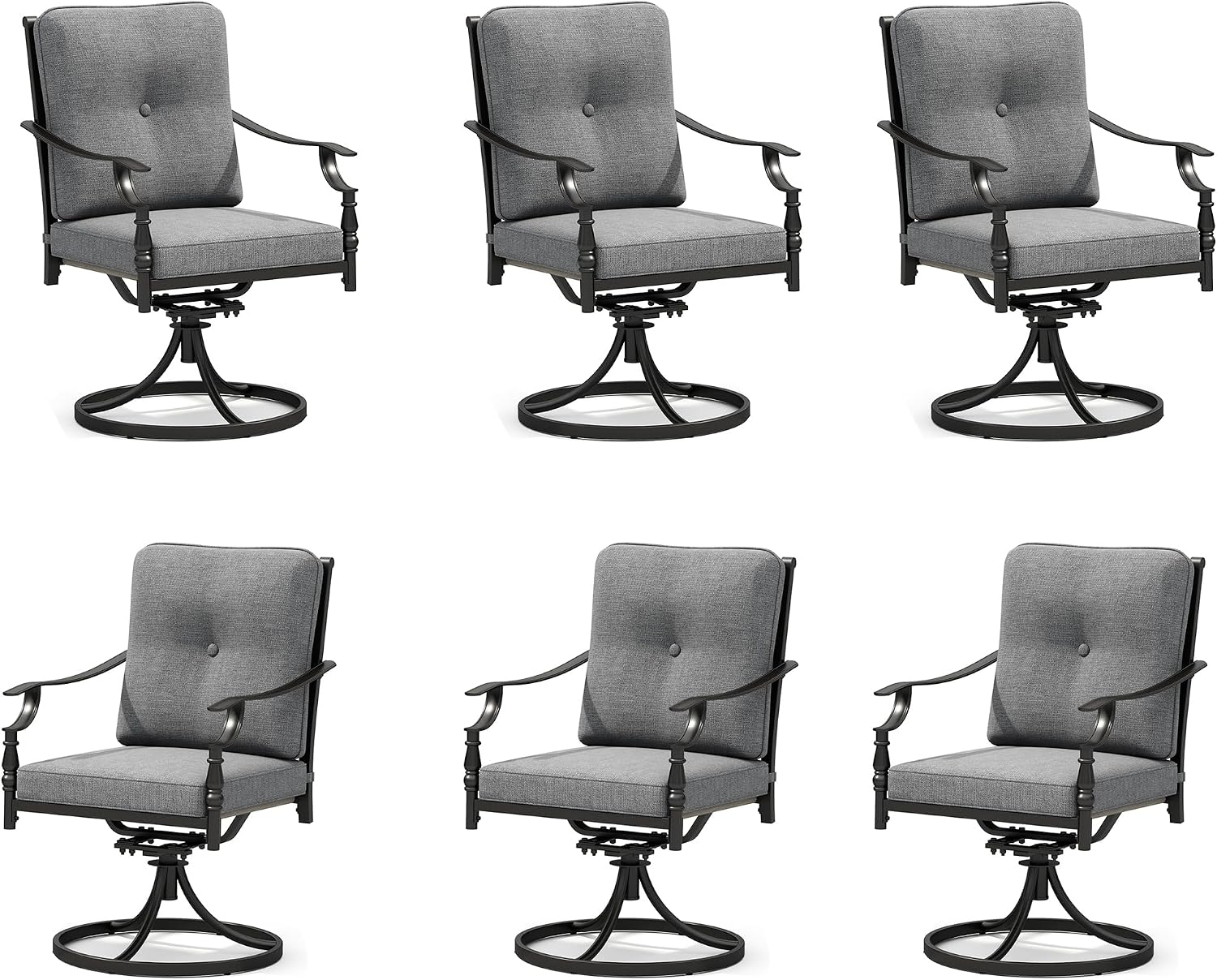 PHI VILLA Patio Swivel Chairs, Metal Armchairs w/Cushions, 6PCS