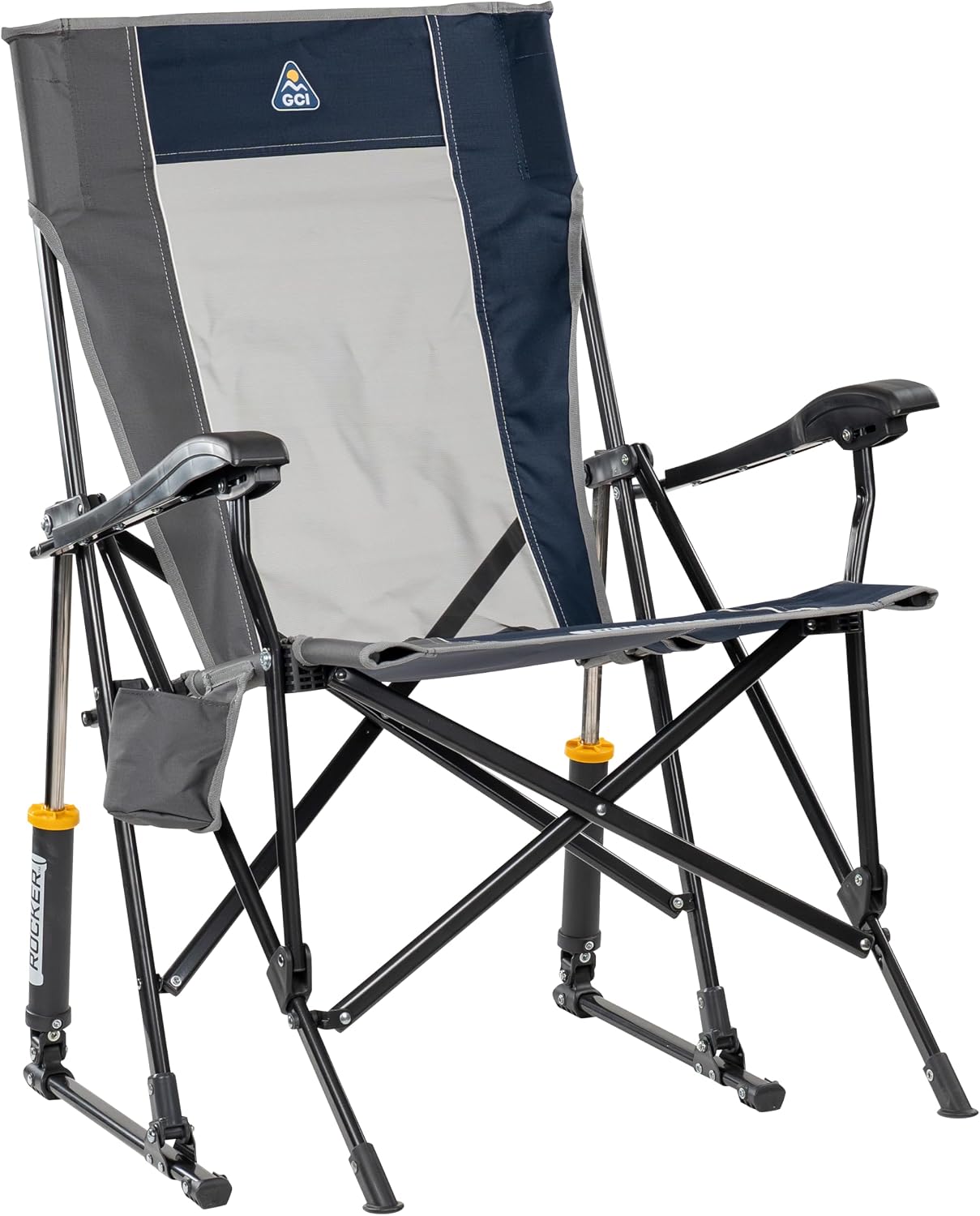 GCI OUTDOOR RoadTrip Rocker Camping Chair | Portable, Folding Rocking Chair with Solid, Durable Armrests, Drink Holder & Comfortable Extended Backrest — Indigo Blue