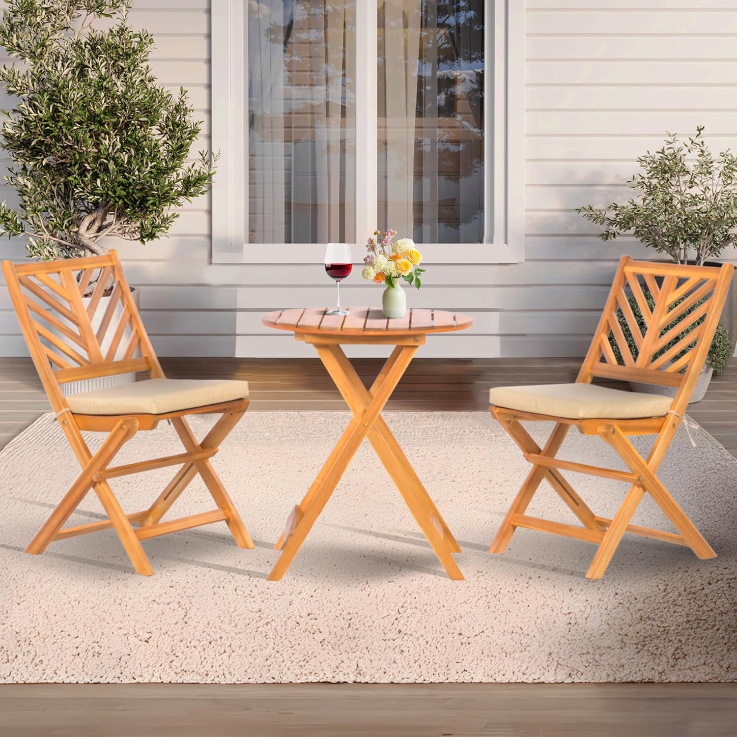 Werph 3-Piece Acacia Wood Patio Set, Foldable Bistro Table and Chairs Set