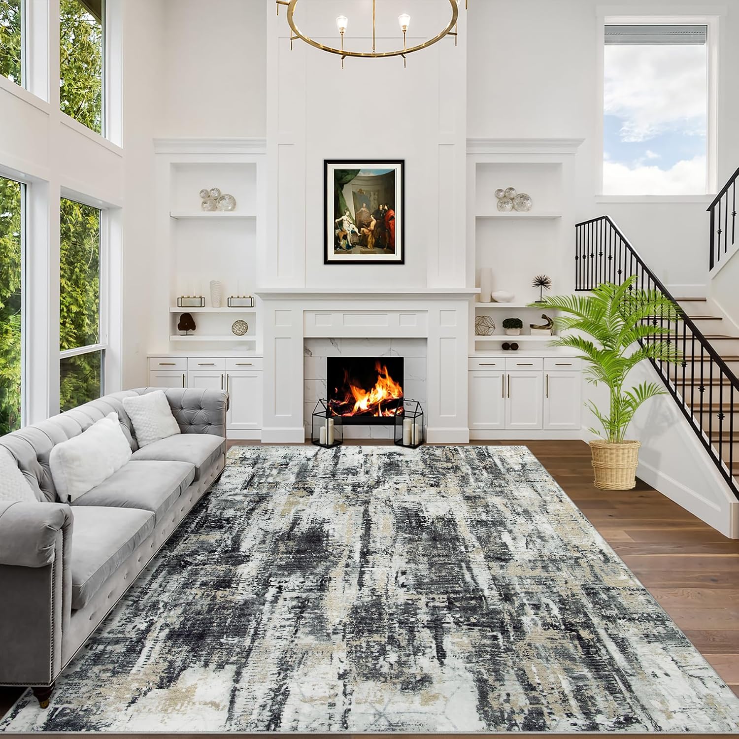 8×10 Area Rugs for Living Room: Washable Abstract Black Grey Gold Carpet