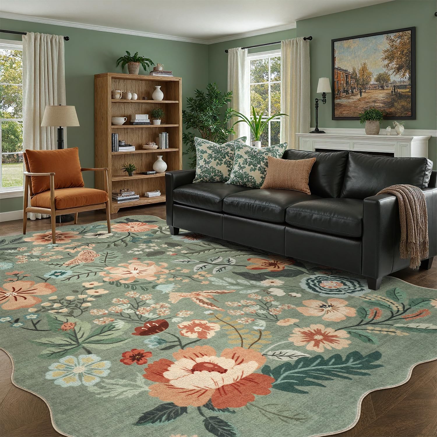 DCX Vintage Floral Washable Area Rug 5×7, Non Slip Low Pile Rug, Sage Green