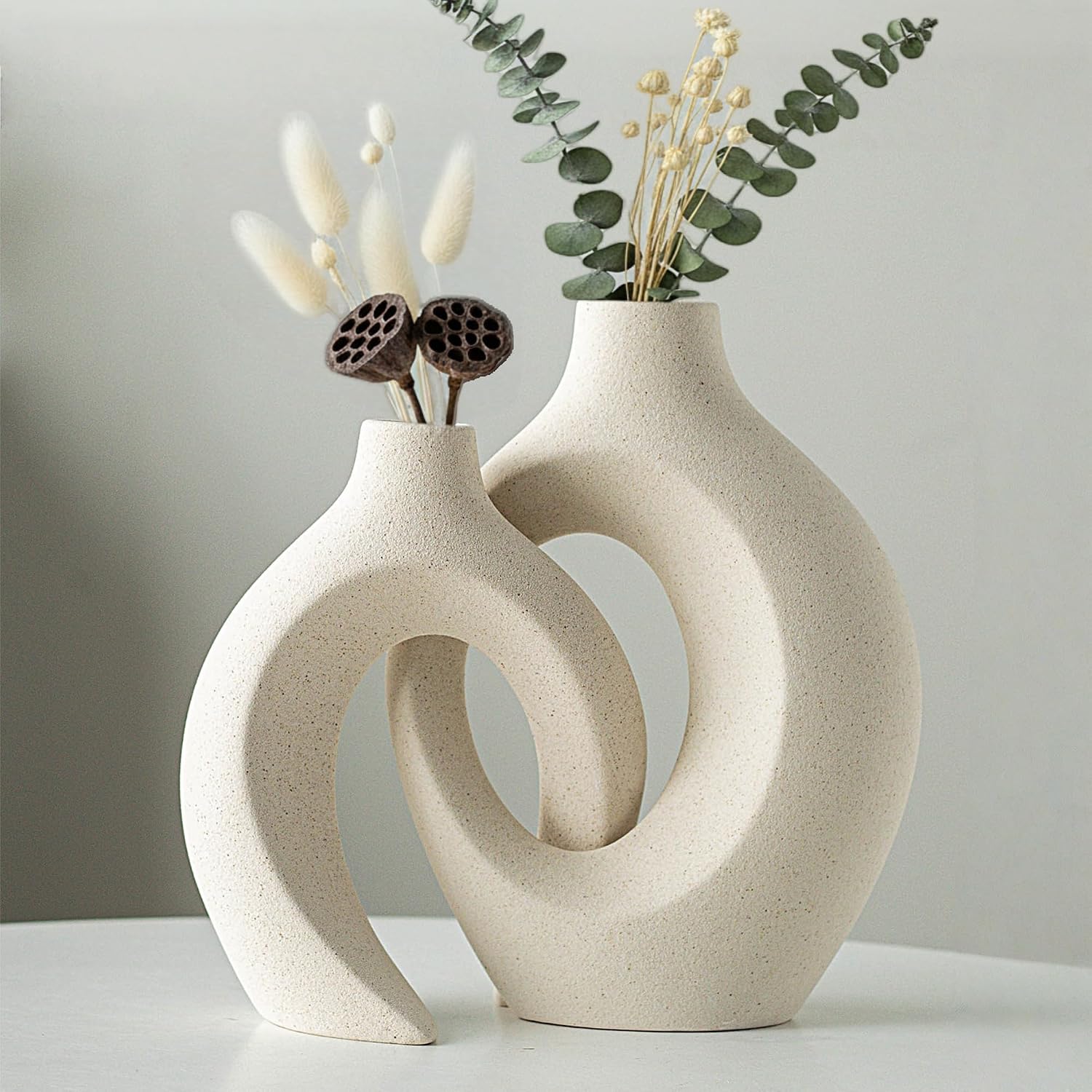 Levvohd Snuggle Hollow Ceramic Vase Set of 2 for Modern Nordic Home Decor