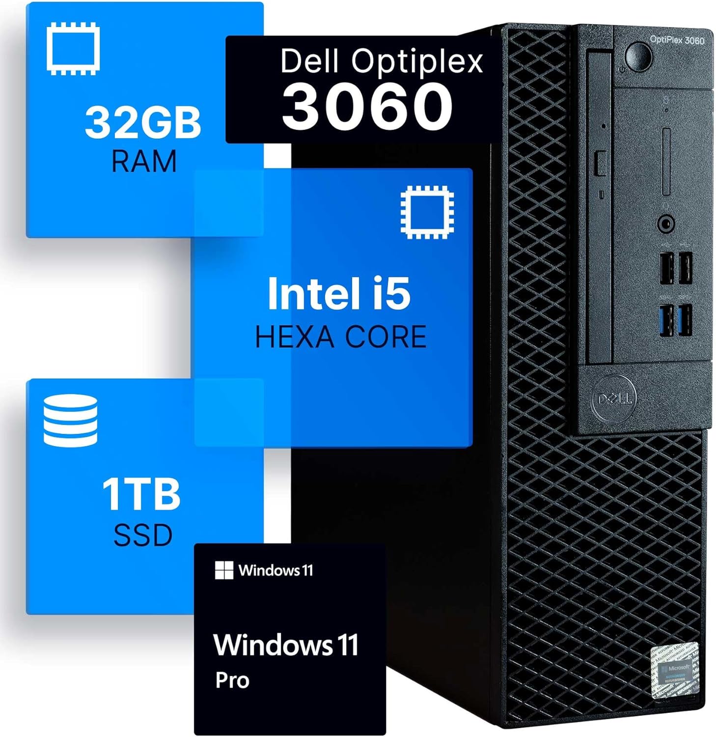 Dell Optiplex 3060 Desktop Computer | Intel i5-8500 (3.2) | 32GB DDR4 RAM | 1TB SSD Solid State | Built in WiFi | Bluetooth | Windows 11 Professional | Home or Office PC (Renewed)