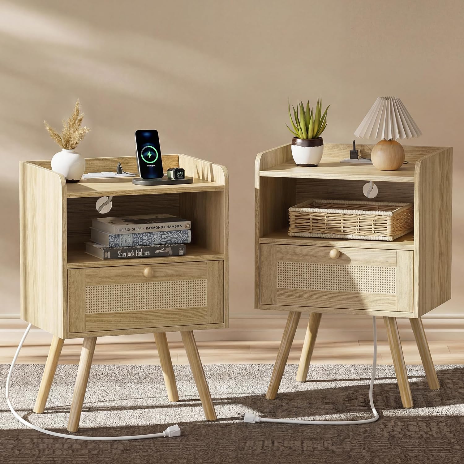 SUPERJARE Nightstands Set of 2, Night Stands with Charging Station, Natural