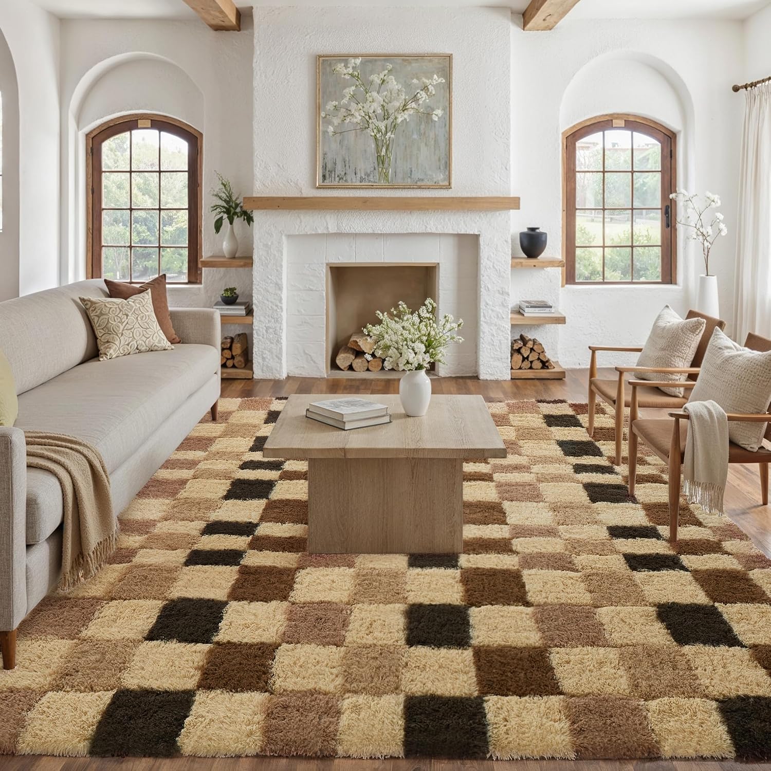 8×10 Checkered Area Rug Brown Fluffy Shag Living Room Throw Carpet Washable Non-Slip Soft Pile Fuzzy Large Rug for Bedroom Dorm Bathroom Dining Room Home Aesthetic Decor