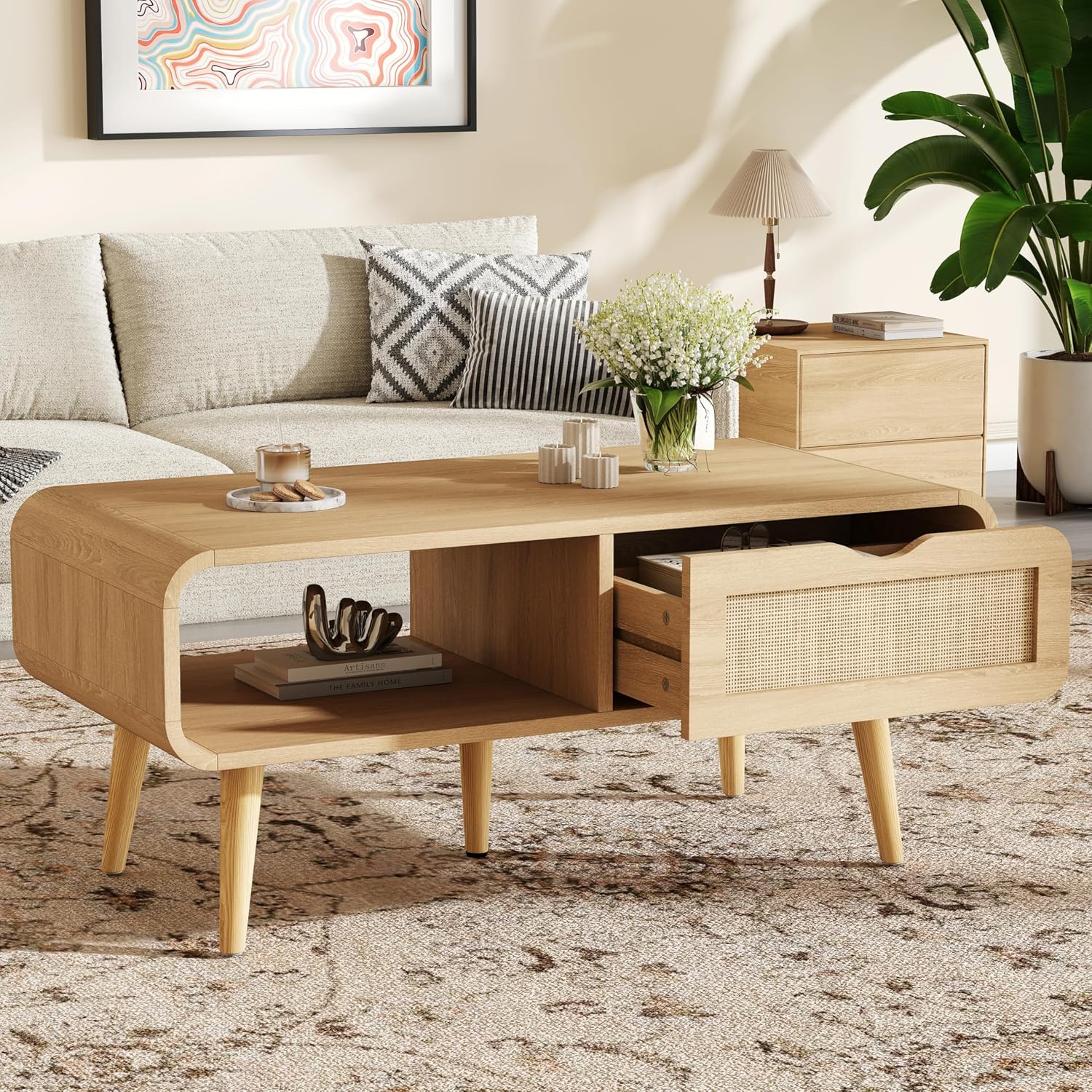 Rattan Coffee Tables for Living Room, Natural Oak Coffee Table with Storage