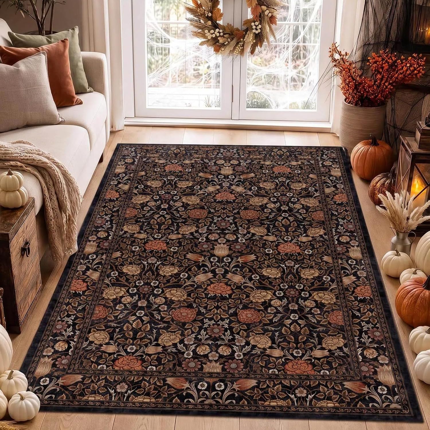 GarveeHome Dark Brown Floral Washable Rug 5×7 for Bedroom Living Room