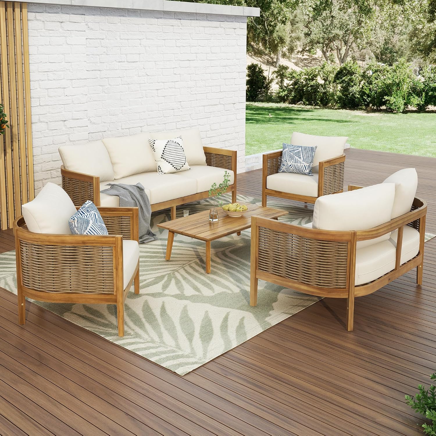 Merax 5-Piece Outdoor Acacia Wood Wicker Conversation Set with 3 Seater Sofa,Loveseat,2 Chairs and Coffetable for Backyard