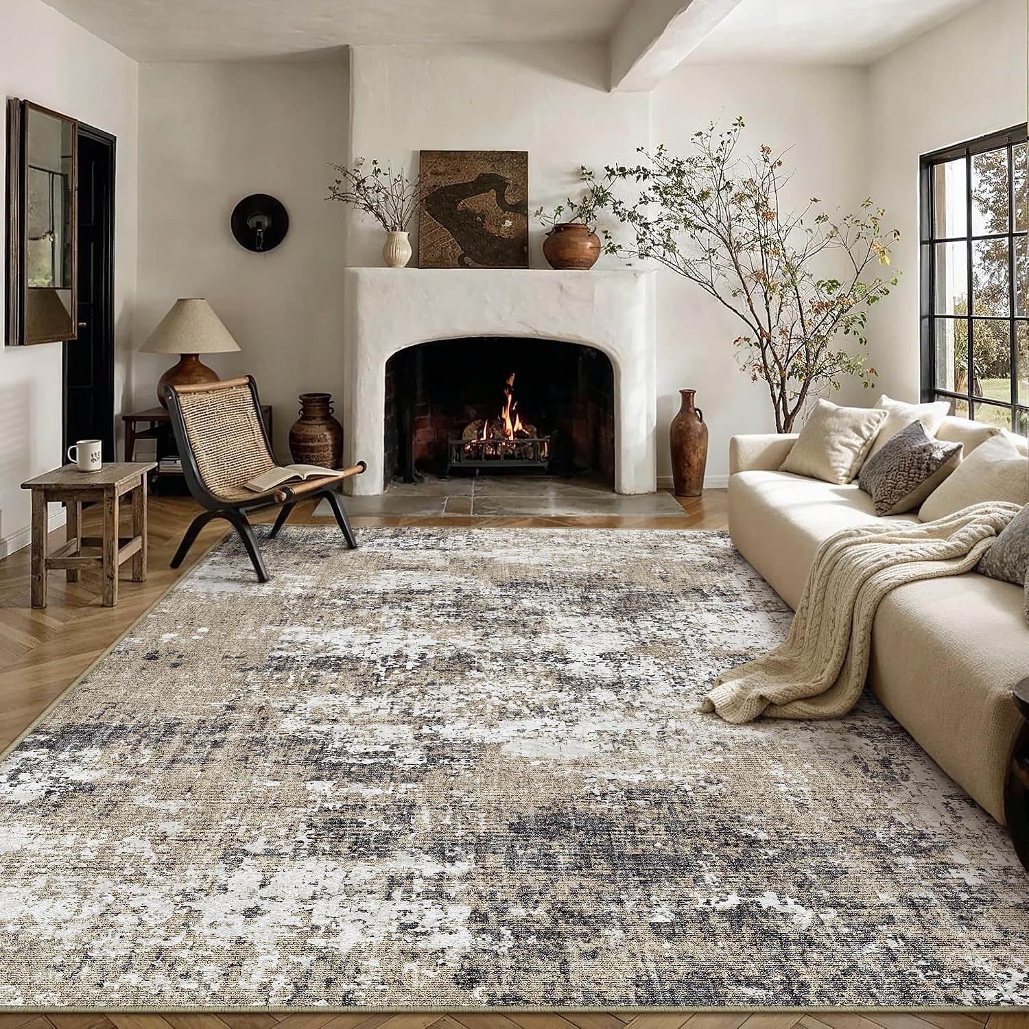 PureCozy Brown Area Rug 8×10 Modern Abstract