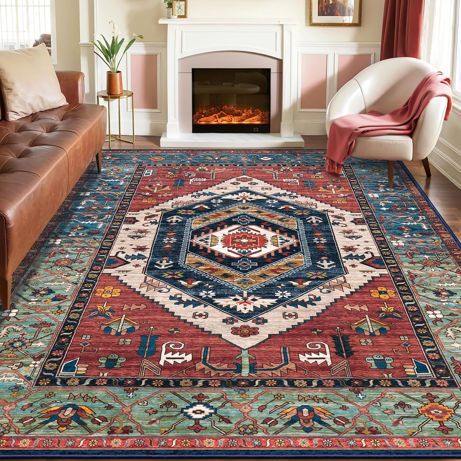 SERISSA 8×10 Washable Non Slip Boho Area Rug for Living Room，Rust