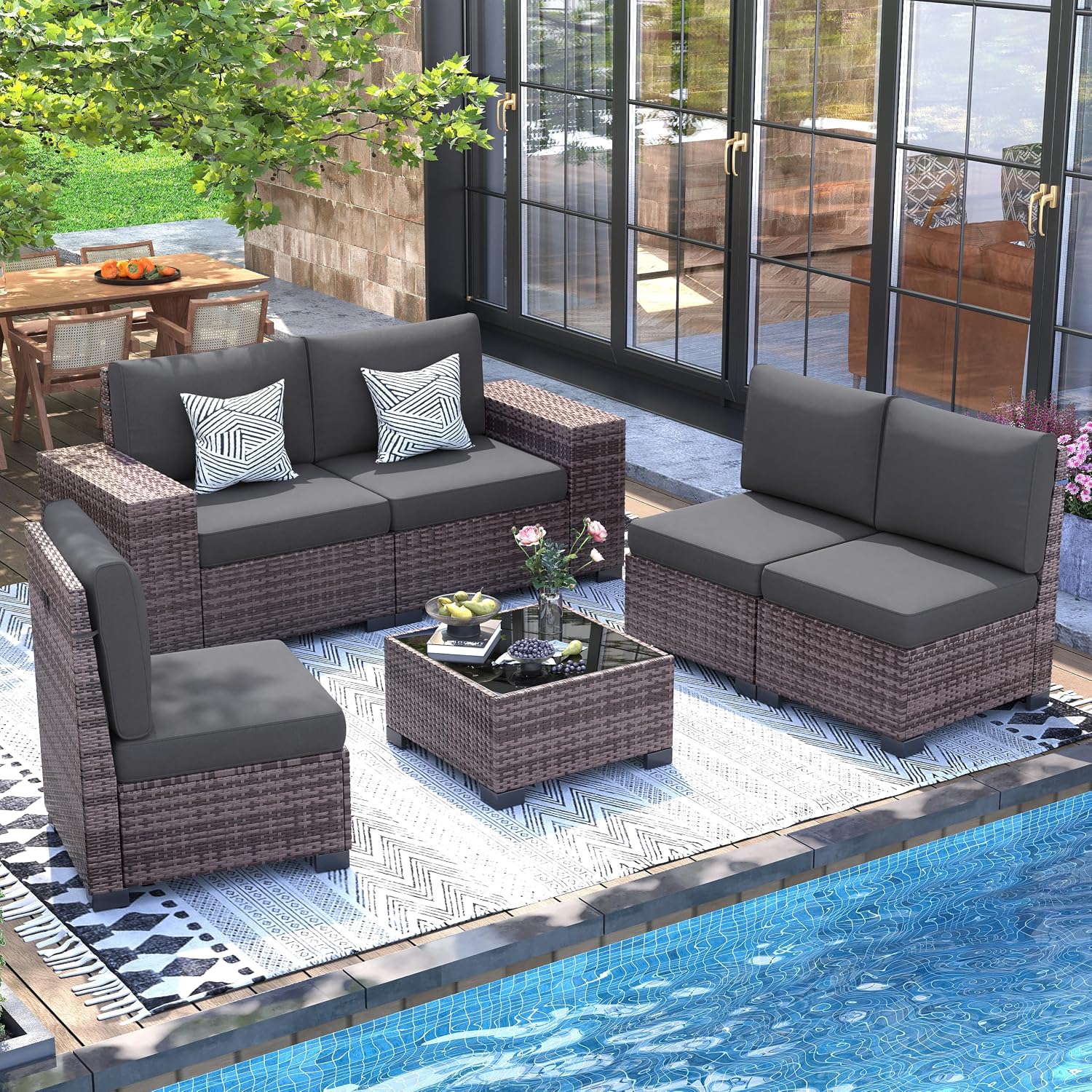 UDPATIO 6-Piece Patio Furniture Set, 8″ Wide Armrests, 4″ Thick Cushions
